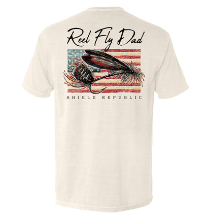 Reel Fly Dad Fishing American Flag T-Shirt featuring patriotic design and fly fishing theme by Shield Republic