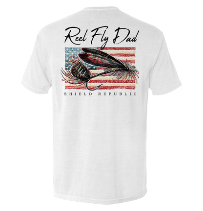 Reel Fly Dad Fishing American Flag T-Shirt with fly fishing lure design on back.
