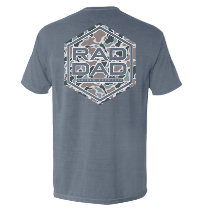 Gray t-shirt with 'RAD DAD' graphic on the back against a white background