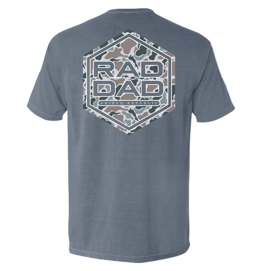Gray t-shirt with 'RAD DAD' graphic on the back against a white background