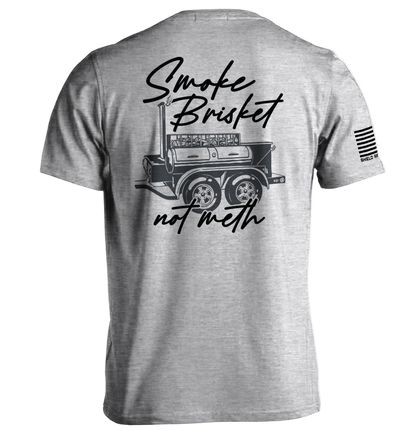 Gray t-shirt with a graphic of a barbecue truck and text on the back, on a white background.