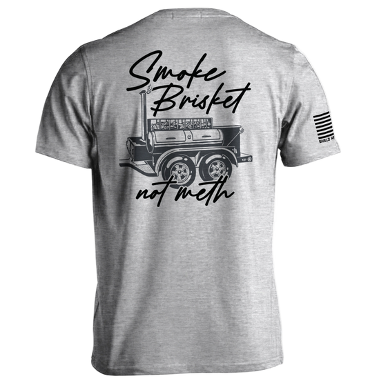 Gray t-shirt with a graphic of a barbecue truck and text on the back, on a white background.