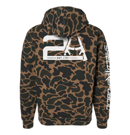 Camouflage hoodie with a logo on the back against a white background
