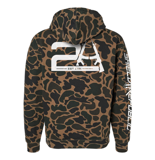 Camouflage hoodie with a logo on the back against a white background