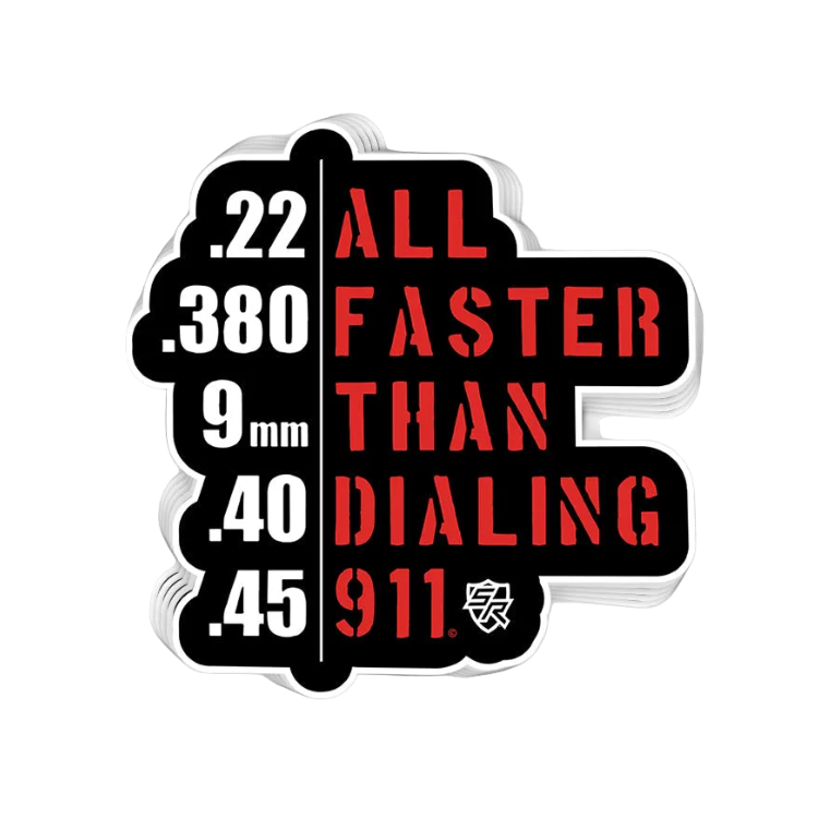 Sticker with text about firearm calibers on a white background