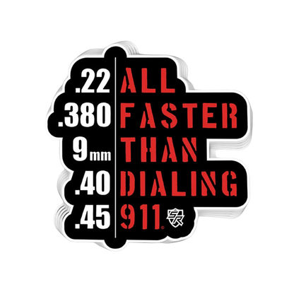 Sticker with text about firearm calibers on a white background
