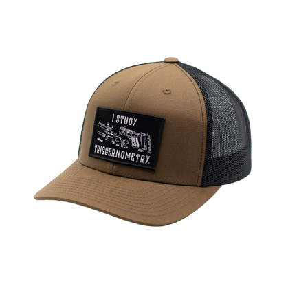 Brown trucker cap with black mesh back and a patch on a white background