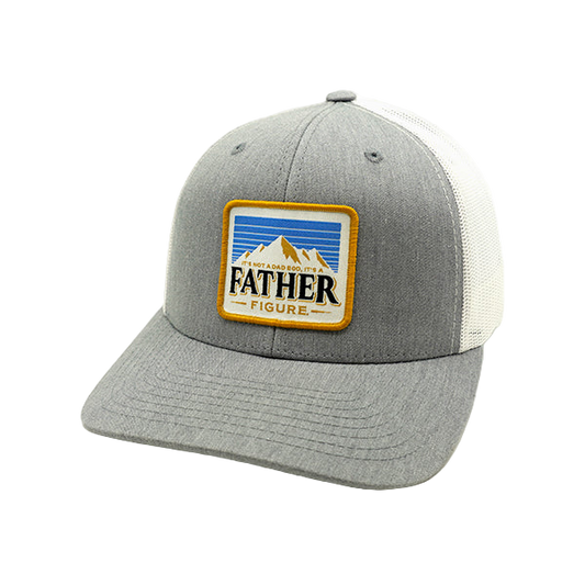 Gray and white cap with a 'Father Figure' patch on a white background