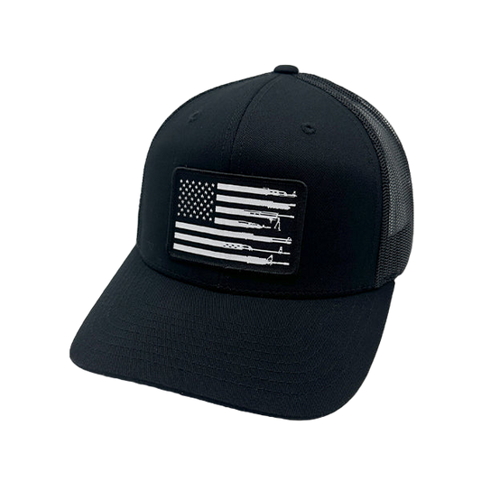 Black cap with American flag patch on a white background