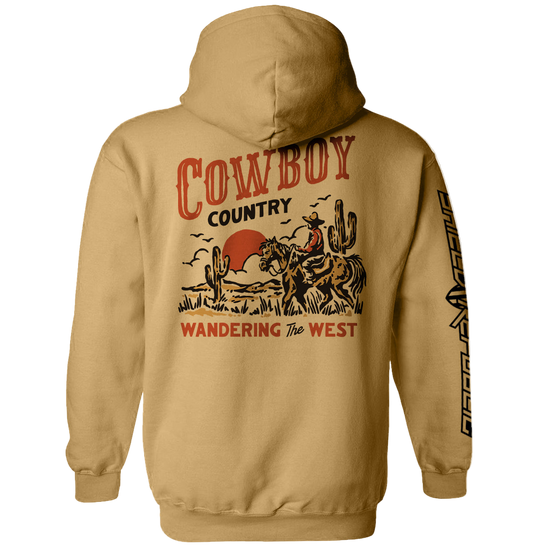 Beige hoodie with cowboy-themed graphic on the back