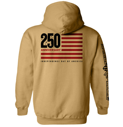 America 250 Years Anniversary Flag Shirt with modern flag design, commemorating 250th Independence Day milestone, beige hoodie style.