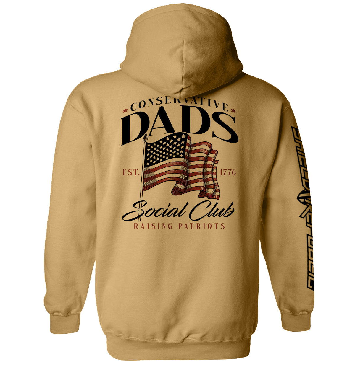 Conservative Dads Social Club T-Shirt with American flag design on back, promoting patriotism and freedom for fathers.
