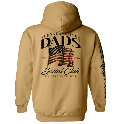 Conservative Dads Social Club T-Shirt with American flag design on back, promoting patriotism and freedom for fathers.