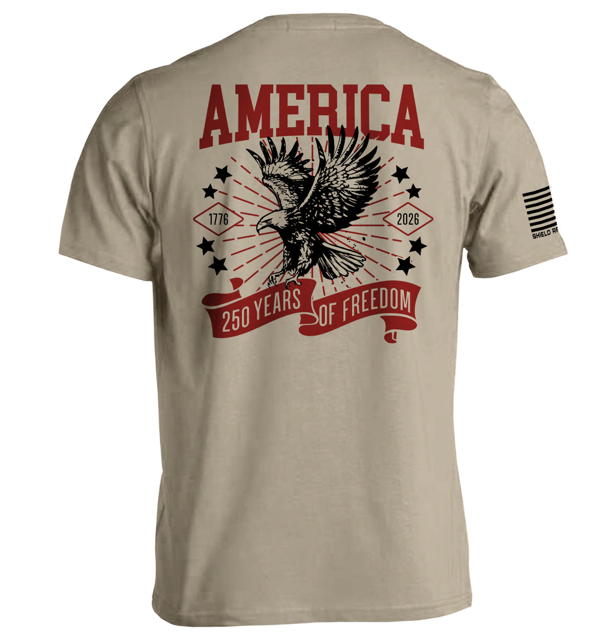 America 250 Years of Freedom Shirt, 1776–2026 Anniversary Tee with eagle design, beige color, commemorative graphic on back view