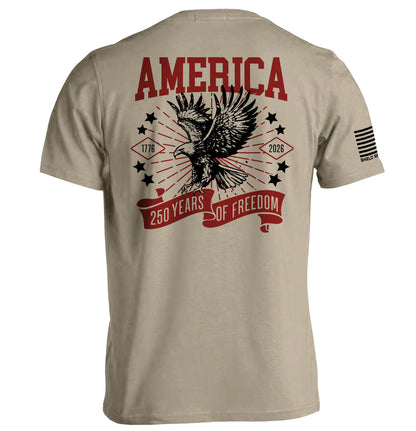 America 250 Years of Freedom Shirt, 1776–2026 Anniversary Tee with eagle design, beige color, commemorative graphic on back view