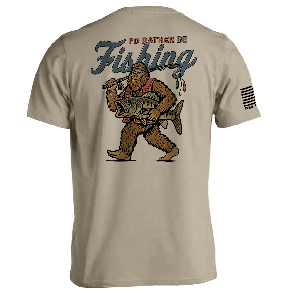 Beige t-shirt with a graphic of a bear holding a fish and text 'I'd Rather Be Fishing' on the back.