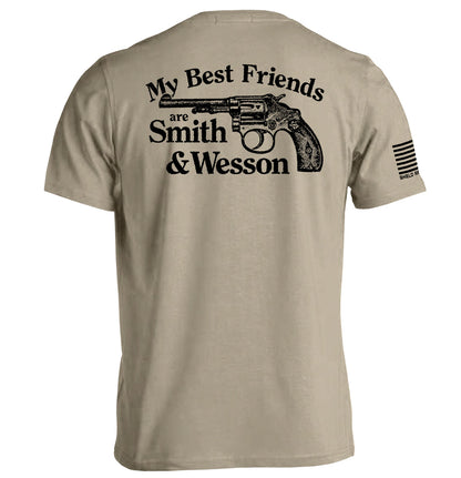Beige "my best friends are smith and wesson hoodie" with gun graphic, humorously supporting second amendment rights.