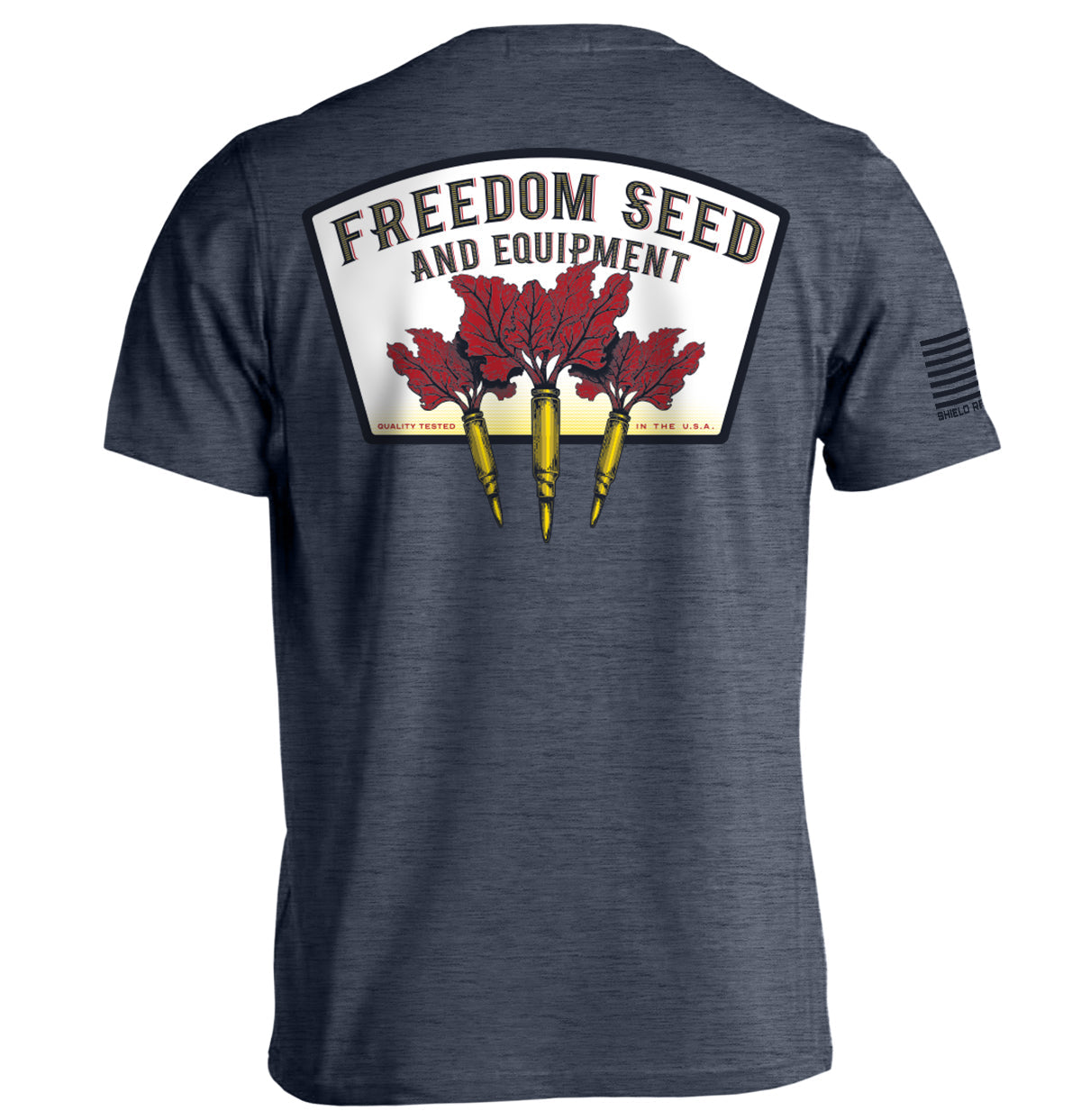 Freedom Seed and Equipment T-Shirt featuring patriotic graphic of American heritage and self-reliance with vintage-inspired design.
