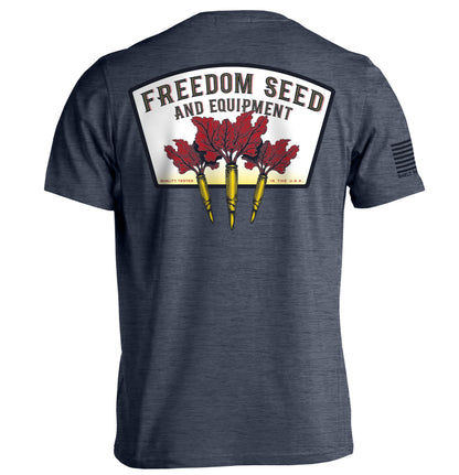 Freedom Seed and Equipment T-Shirt featuring patriotic graphic of American heritage and self-reliance with vintage-inspired design.