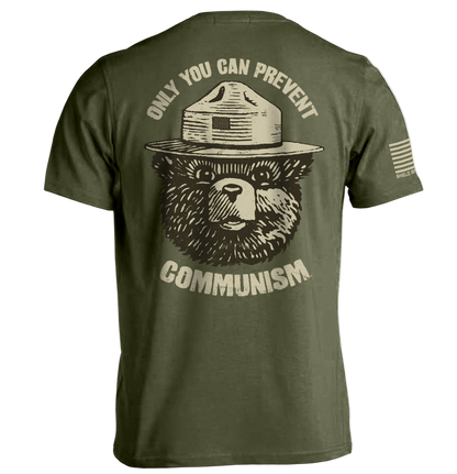 Green t-shirt with bear graphic and text on the back, displayed against a white background.