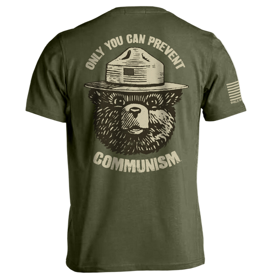 Green t-shirt with bear graphic and text on the back, displayed against a white background.