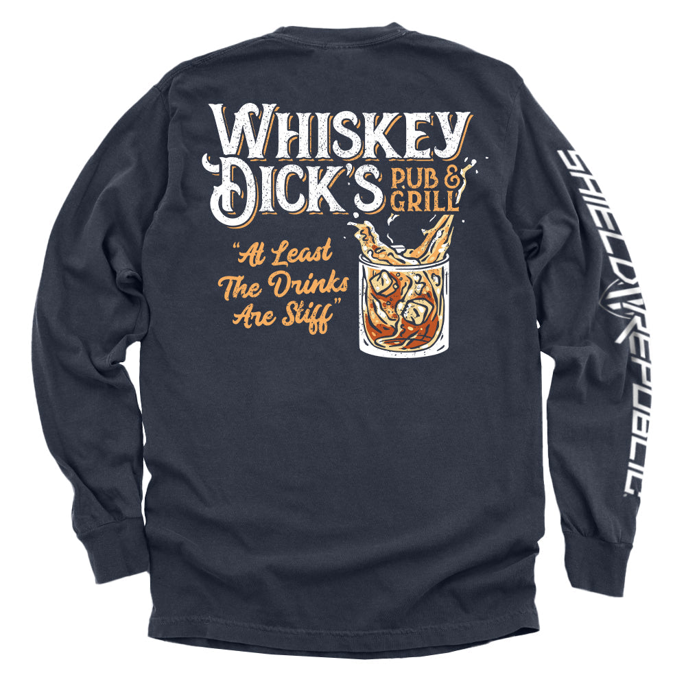Whiskey Dick’s Pub & Grill Shirt with funny graphic of whiskey glass and vintage bar signage on a navy long-sleeve tee.