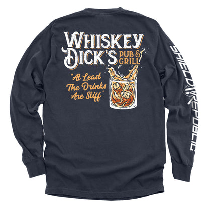 Whiskey Dick’s Pub & Grill Shirt with funny graphic of whiskey glass and vintage bar signage on a navy long-sleeve tee.