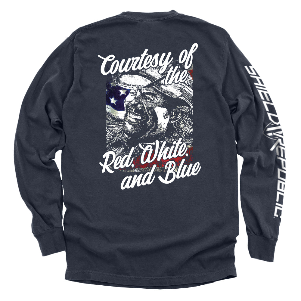 Courtesy Of The Red White And Blue T-Shirt featuring vintage patriotic graphic in distressed style