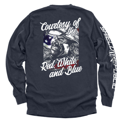 Courtesy Of The Red White And Blue T-Shirt featuring vintage patriotic graphic in distressed style