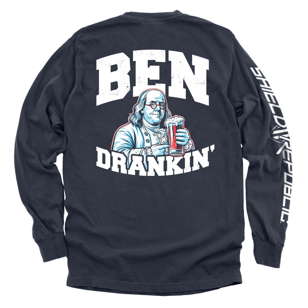 Ben Drankin T-Shirt with a humorous illustration of Benjamin Franklin holding a beer, perfect for casual and fun gatherings.