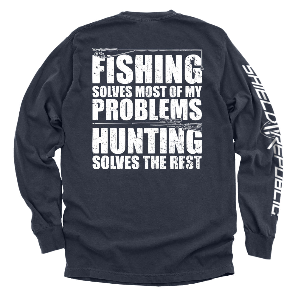 Back view of "Fishing Solves Most Of My Problems Shirt" with bold distressed lettering, designed for anglers and hunters.