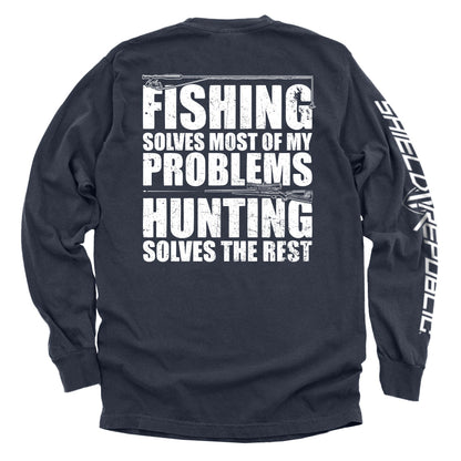 Back view of "Fishing Solves Most Of My Problems Shirt" with bold distressed lettering, designed for anglers and hunters.