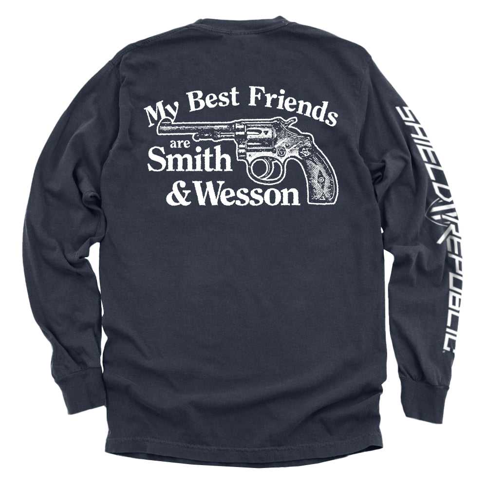 my best friends are smith and wesson hoodie with revolver graphic on back, perfect for 2A supporters and fans of second amendment humor