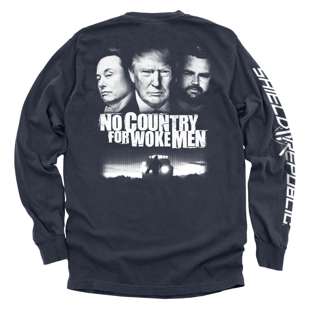 No Country for Woke Men Shirt featuring cinematic-inspired bold graphic design in black-and-white with intense contrast and cultural statement.