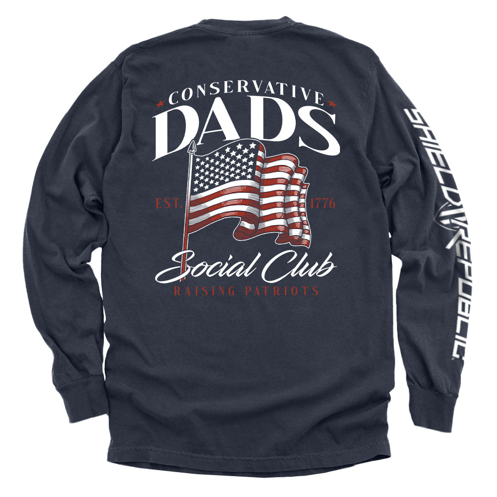 Conservative Dads Social Club T-Shirt with patriotic design featuring American flag and Shield Republic branding.
