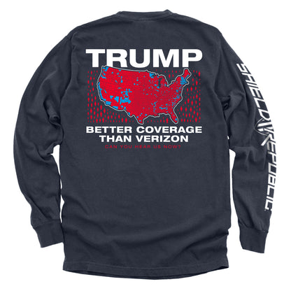 Trump Better Coverage Than Verizon T-Shirt with USA map and bold text design