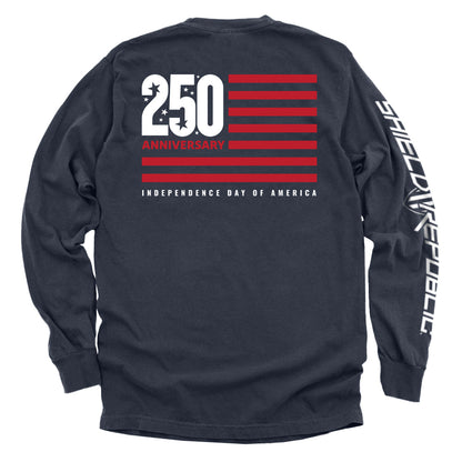 America 250 Years Anniversary Flag Shirt with modern flag and 250 Anniversary text for Independence Day celebrations.