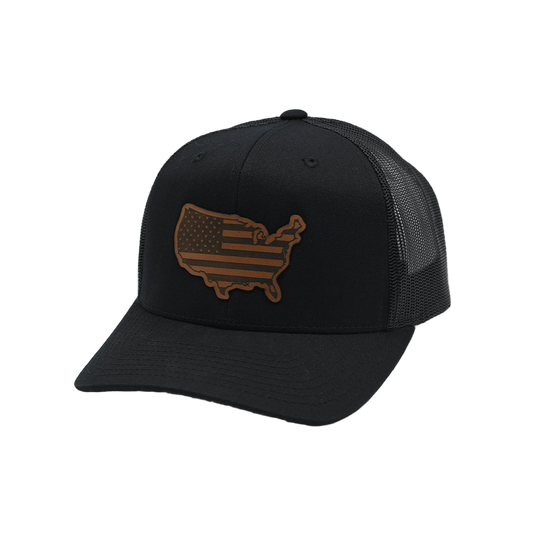 Black cap with brown USA map design on a white background