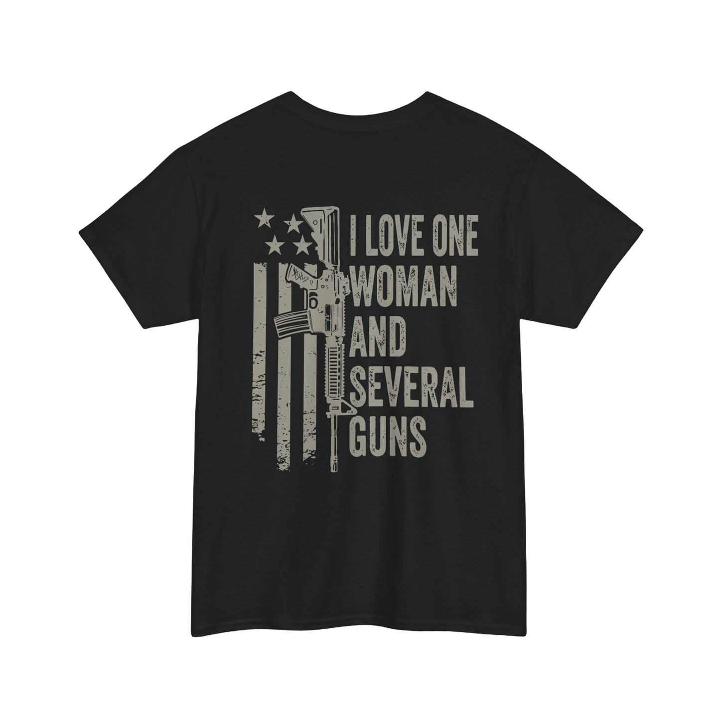 I Love One Woman and Several Guns Shirt featuring a patriotic American flag design on a black tee.
