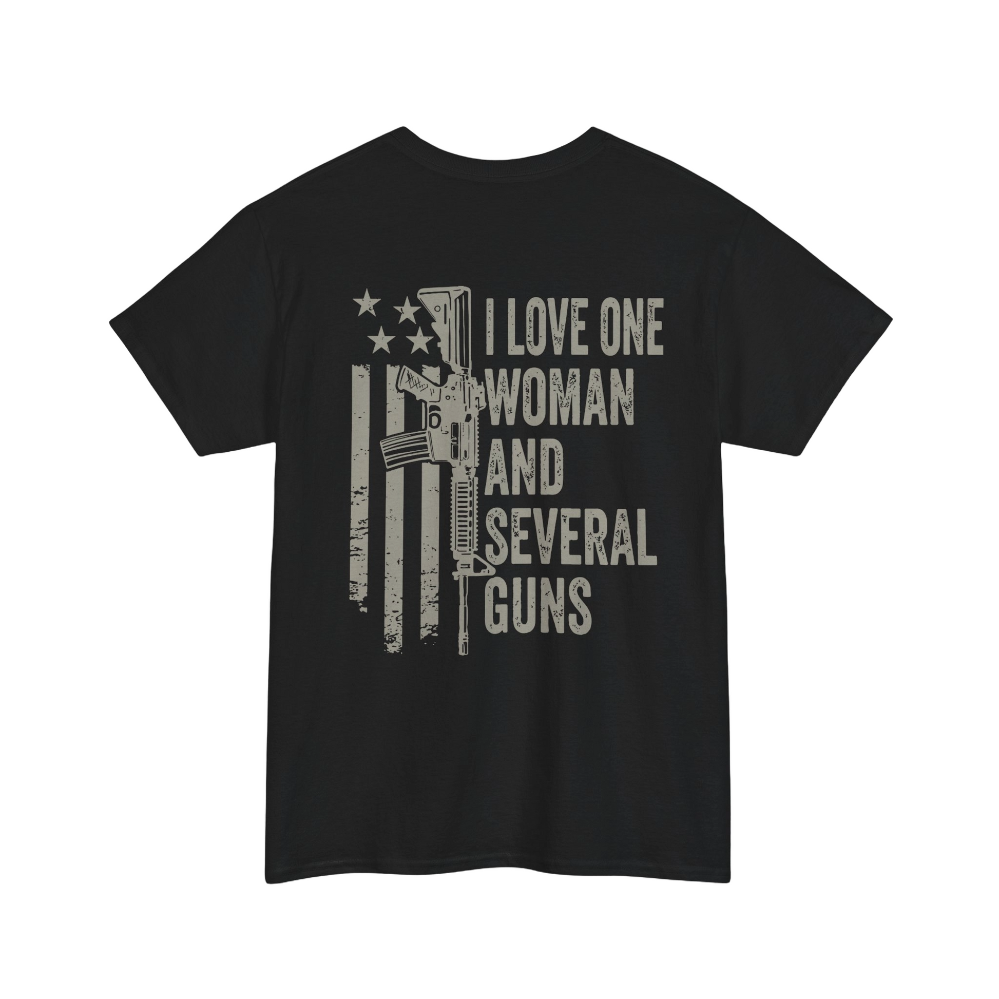 I Love One Woman and Several Guns Shirt featuring a patriotic American flag design on a black tee.