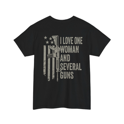 I Love One Woman and Several Guns Shirt featuring a patriotic American flag design on a black tee.