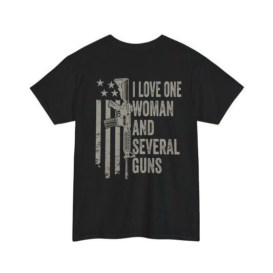I Love One Woman and Several Guns Shirt featuring a patriotic American flag design on a black tee.