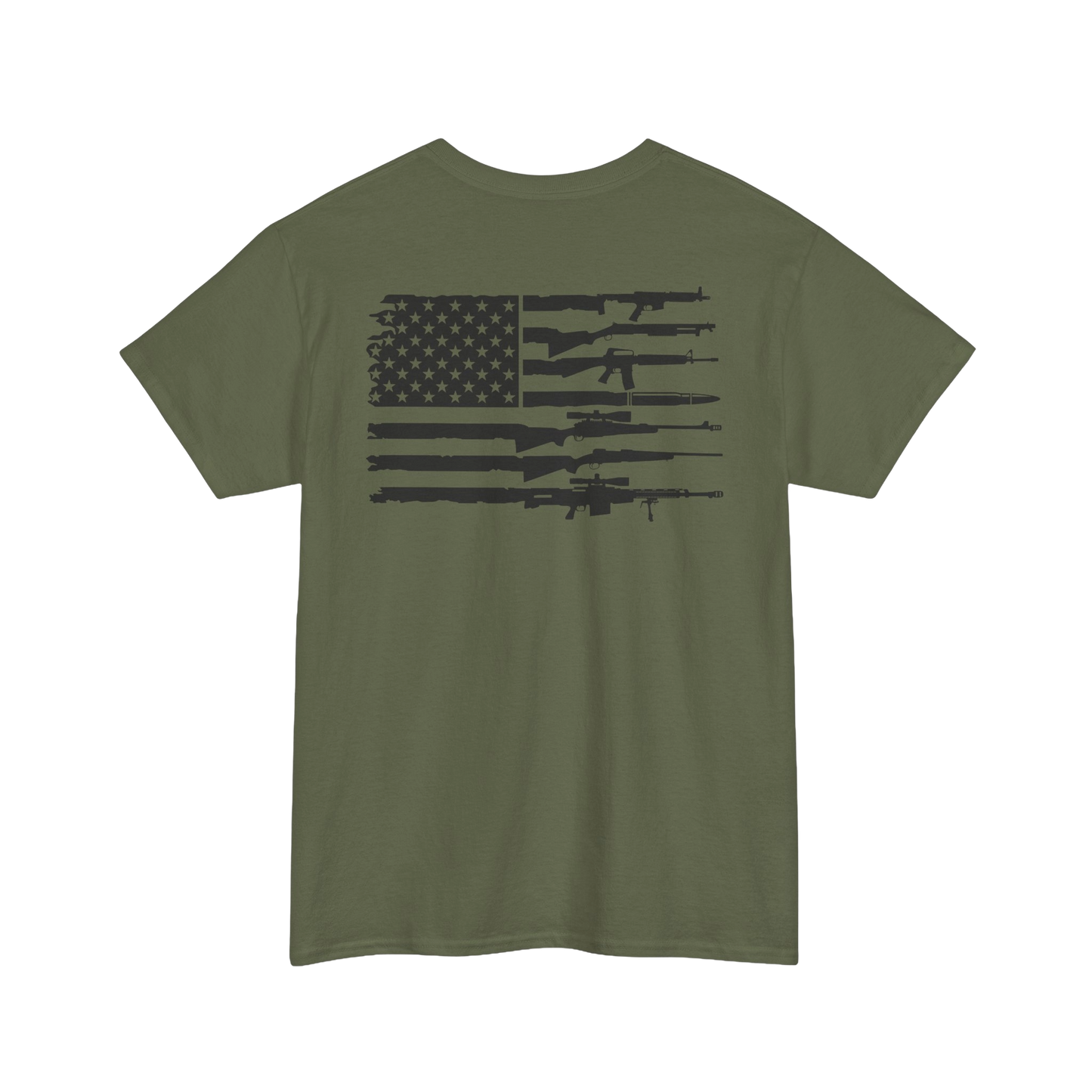 American Flag Gun Shirt featuring a graphic of the USA flag combined with silhouette firearms on an olive green tee.