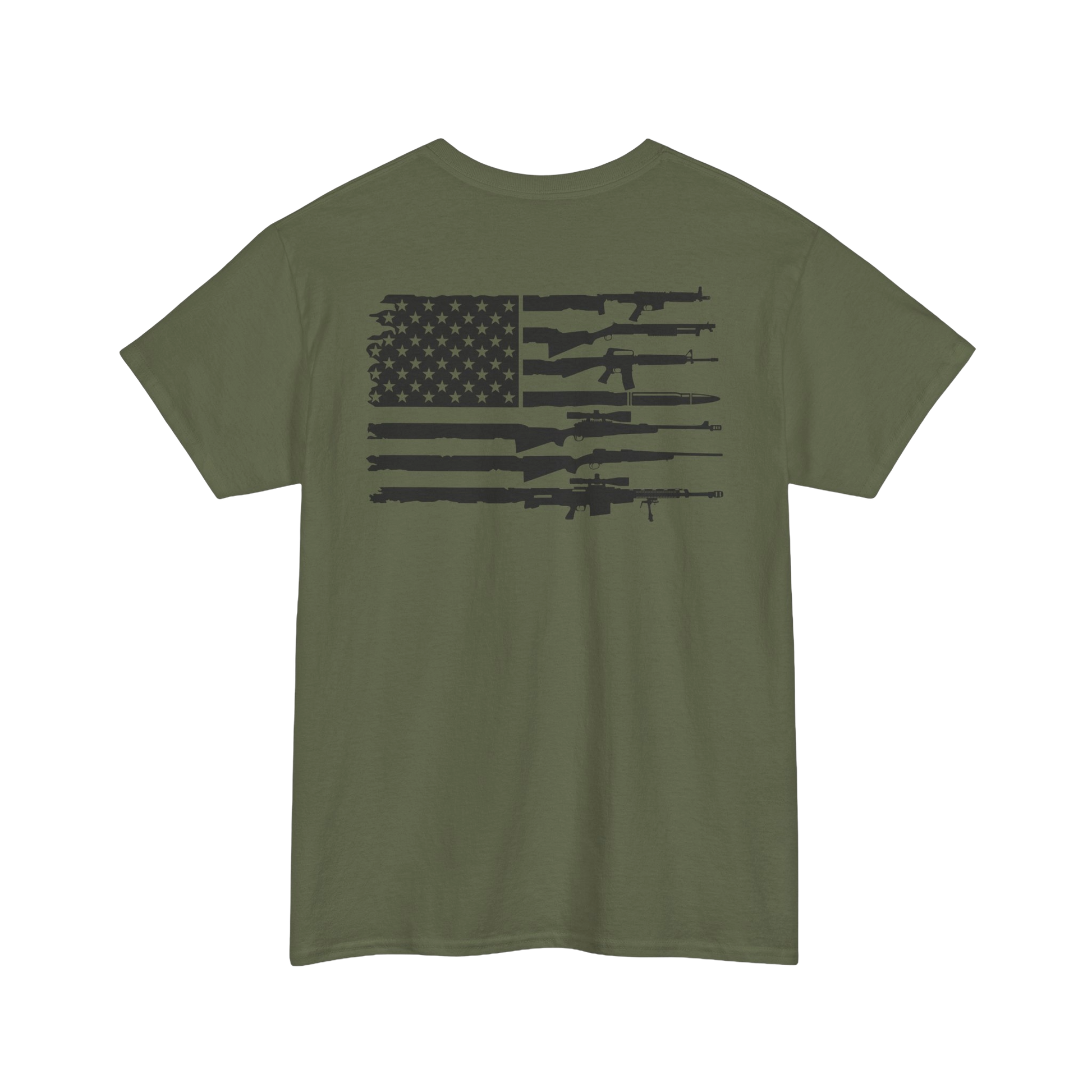 American Flag Gun Shirt featuring a graphic of the USA flag combined with silhouette firearms on an olive green tee.