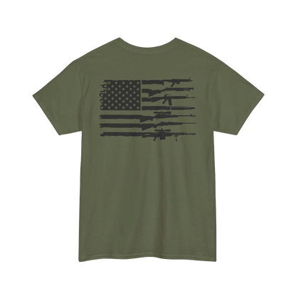 American Flag Gun Shirt featuring a graphic of the USA flag combined with silhouette firearms on an olive green tee.