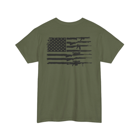 American Flag Gun Shirt featuring a graphic of the USA flag combined with silhouette firearms on an olive green tee.
