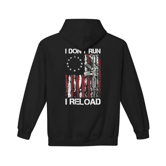 I Dont Run I Reload Hoodie with American flag design promoting 2A rights and personal freedom on black pullover