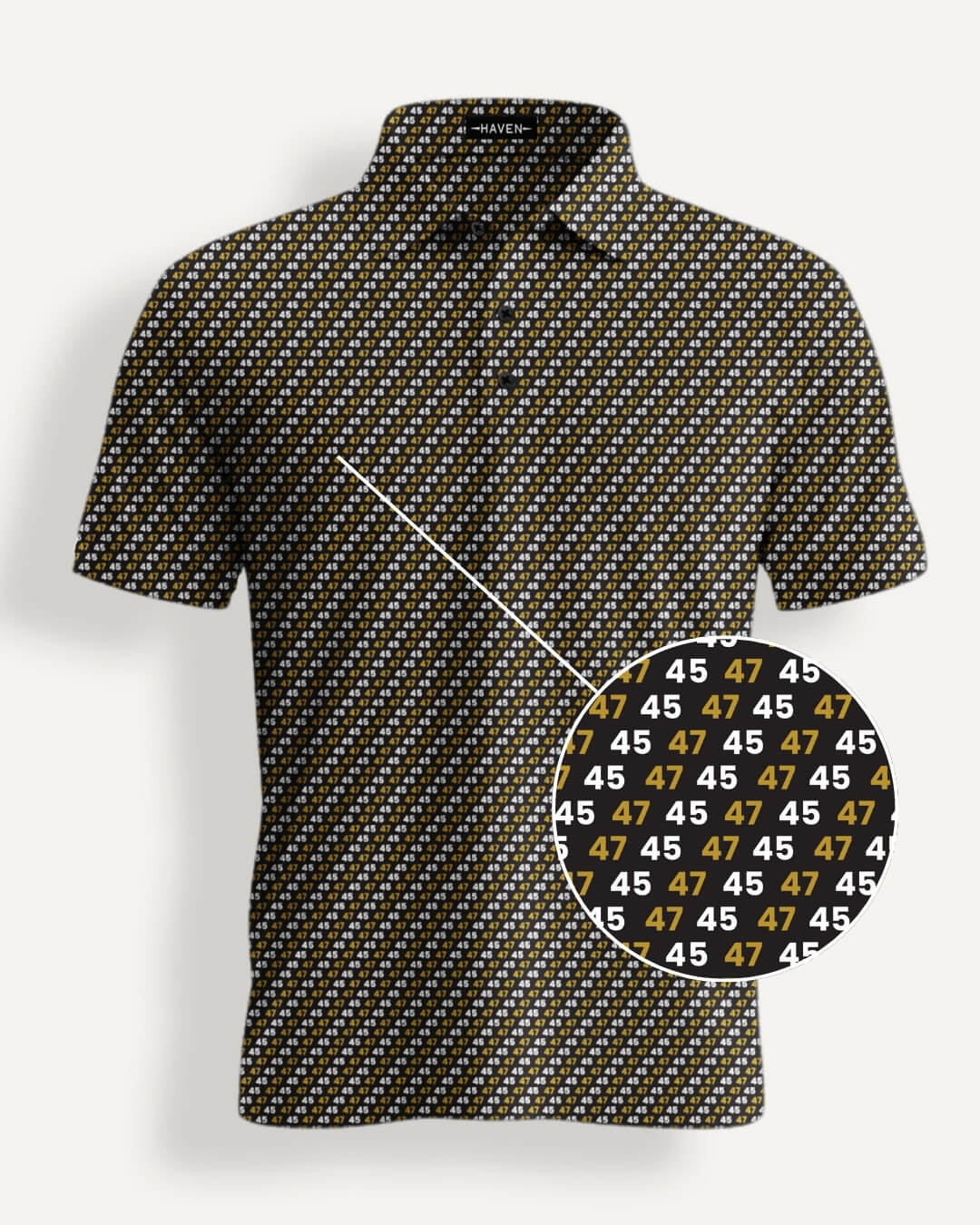 45 47 polo shirt with black-and-gold print by Haven Golf showcasing the Golden Age design with repeating 45 and 47 numbers.