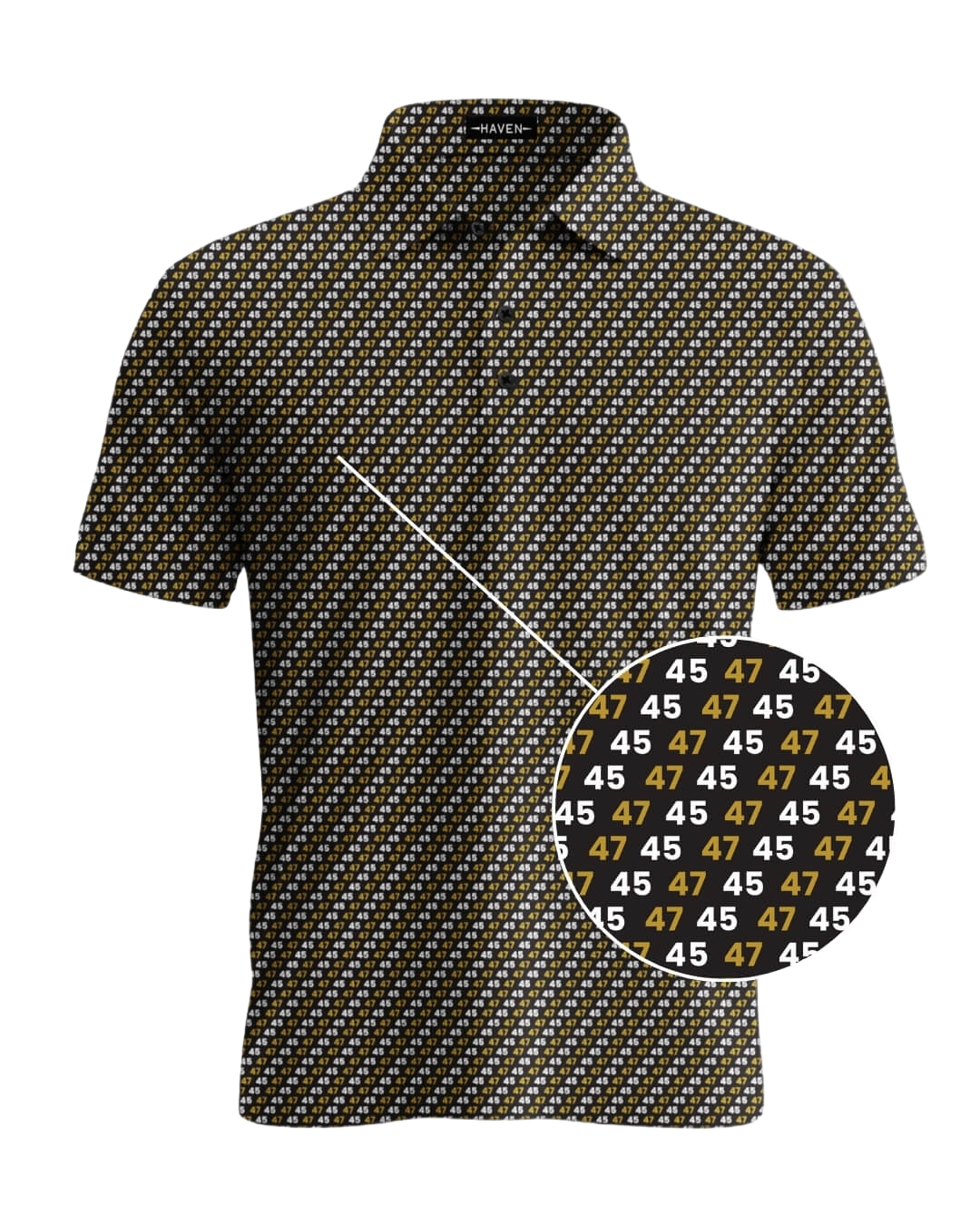 45 47 polo shirt with black-and-gold print and repeating 45 / 47 numbers, by Haven Golf, showcasing subtle political style.