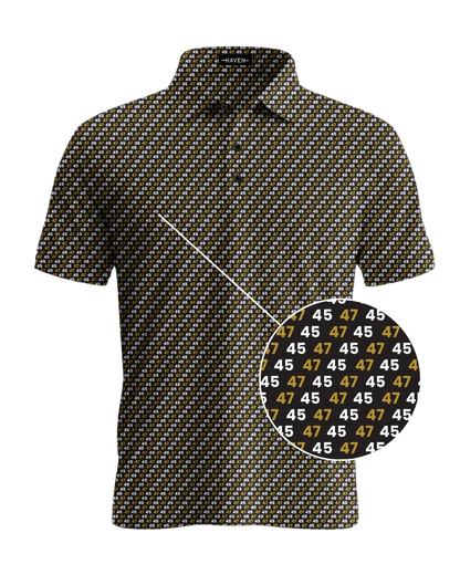 45 47 polo shirt with black-and-gold print and repeating 45 / 47 numbers, by Haven Golf, showcasing subtle political style.